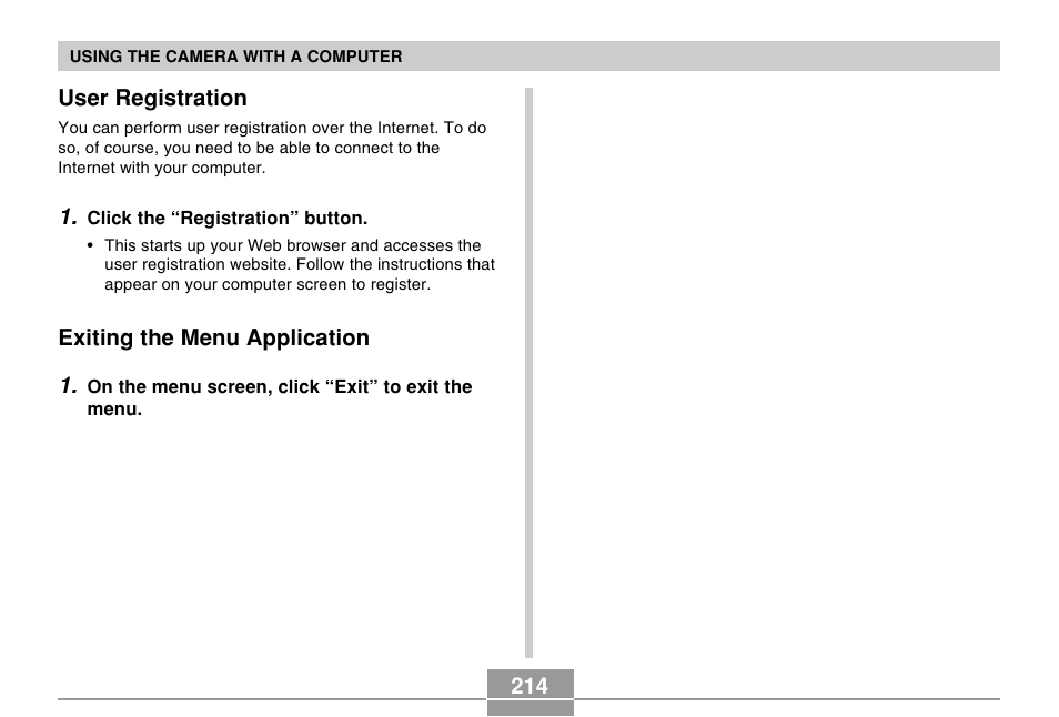 User registration, Exiting the menu application | Casio EX-P505 User Manual | Page 214 / 236