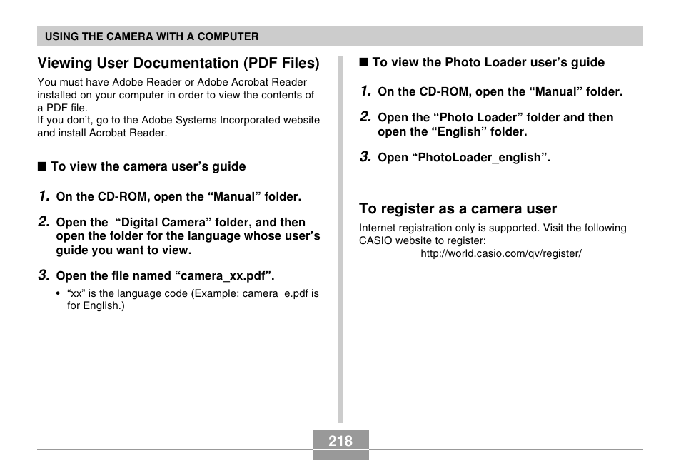 Viewing user documentation (pdf files), To register as a camera user | Casio EX-P505 User Manual | Page 218 / 236