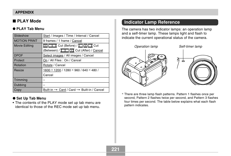 Indicator lamp reference, Play mode | Casio EX-P505 User Manual | Page 221 / 236