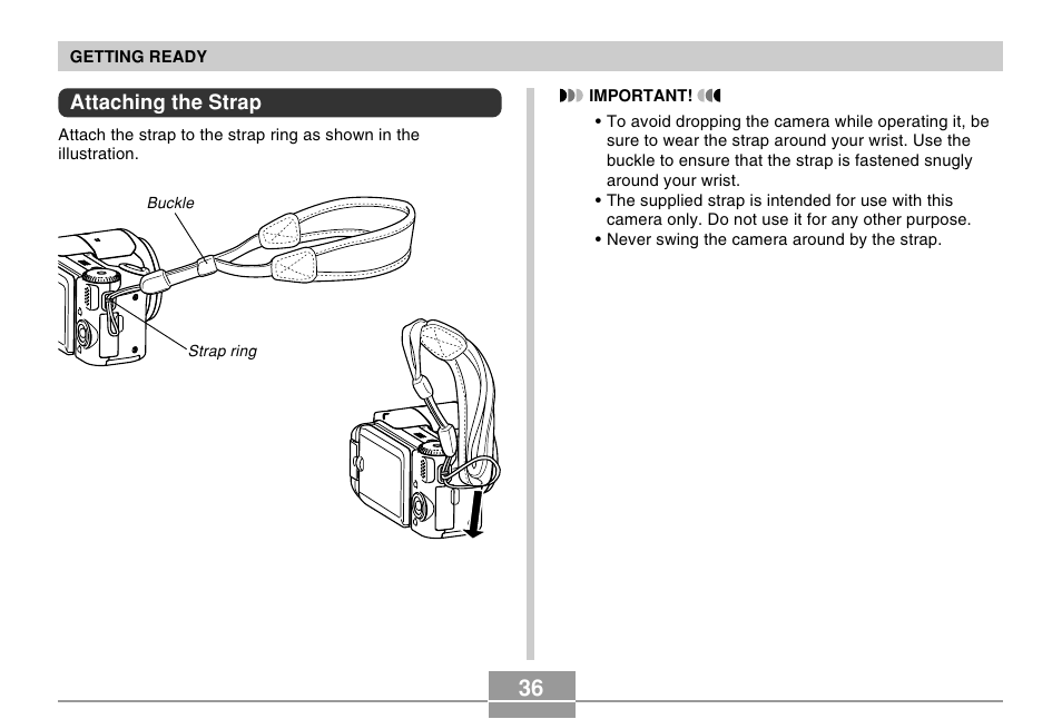 Attaching the strap | Casio EX-P505 User Manual | Page 36 / 236