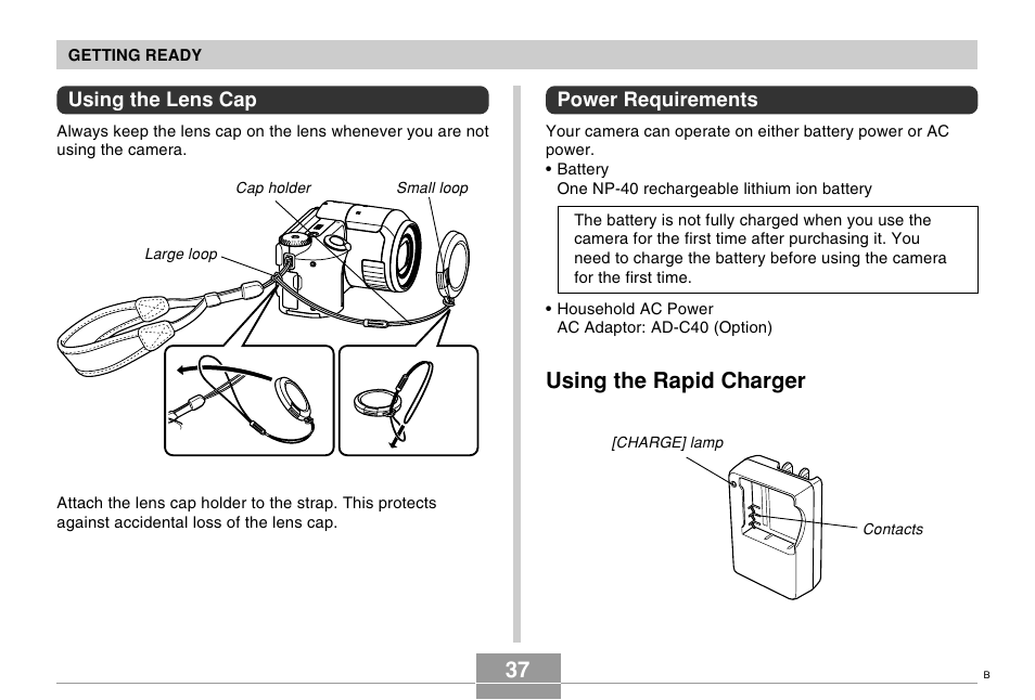 Using the lens cap, Power requirements, Using the rapid charger | Casio EX-P505 User Manual | Page 37 / 236