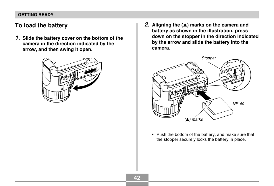 To load the battery, 42 to load the battery 1 | Casio EX-P505 User Manual | Page 42 / 236