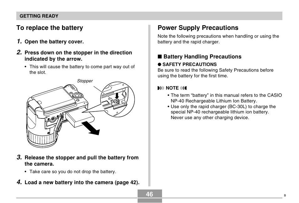 To replace the battery, Power supply precautions, 46 to replace the battery 1 | Casio EX-P505 User Manual | Page 46 / 236