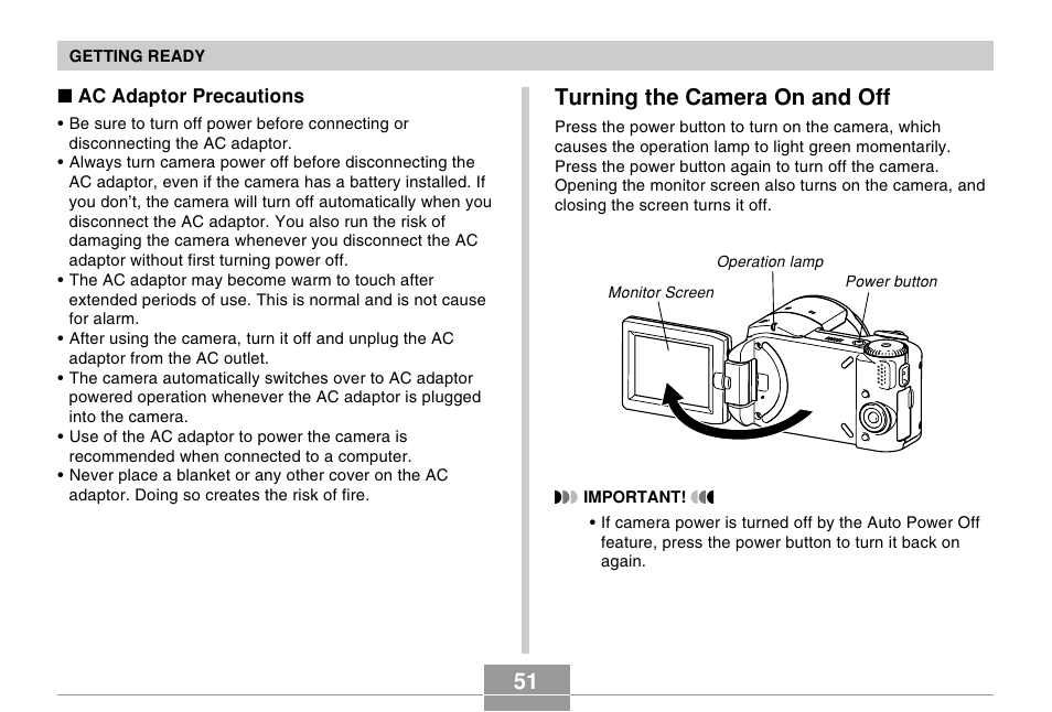 Turning the camera on and off | Casio EX-P505 User Manual | Page 51 / 236