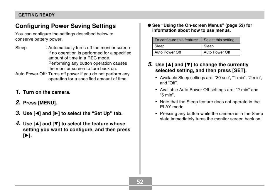 Configuring power saving settings, 52 configuring power saving settings | Casio EX-P505 User Manual | Page 52 / 236