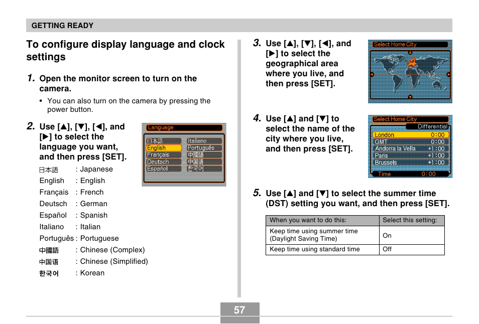 To configure display language and clock settings | Casio EX-P505 User Manual | Page 57 / 236