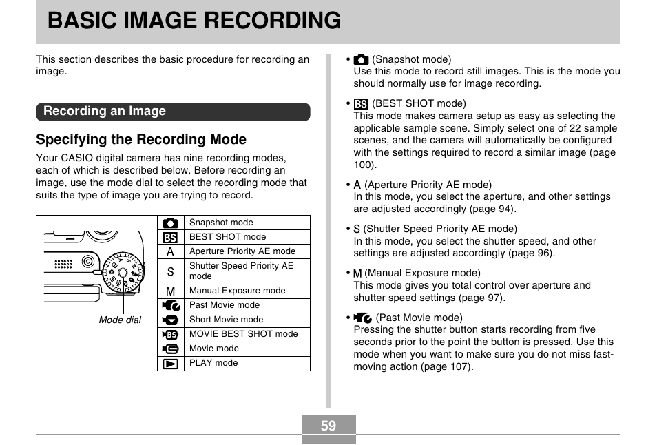 Basic image recording, Recording an image, Specifying the recording mode | Casio EX-P505 User Manual | Page 59 / 236