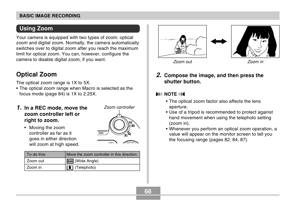 Using zoom, Optical zoom | Casio EX-P505 User Manual | Page 66 / 236