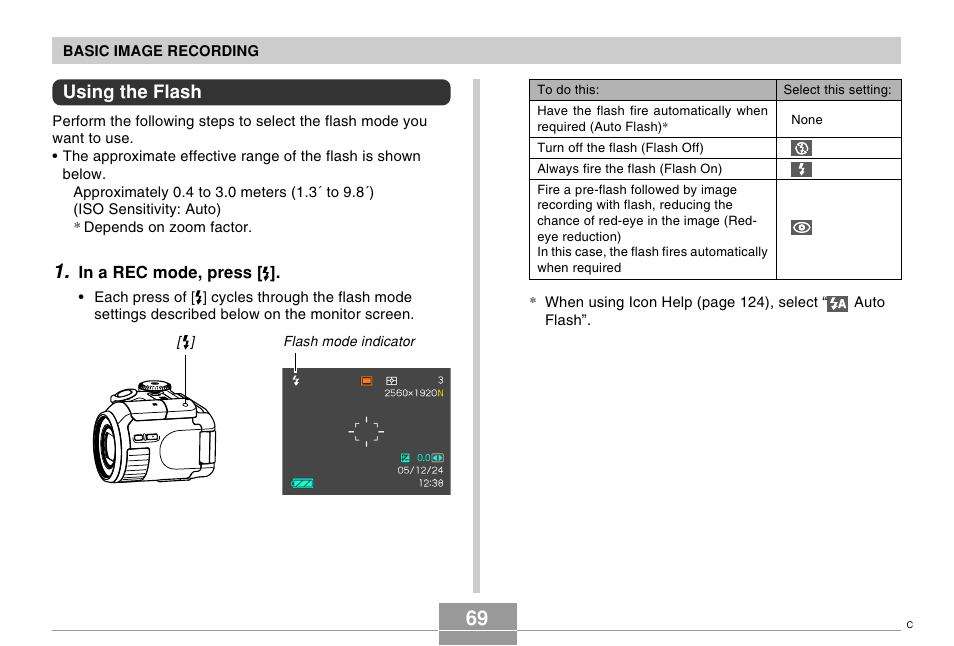Using the flash | Casio EX-P505 User Manual | Page 69 / 236