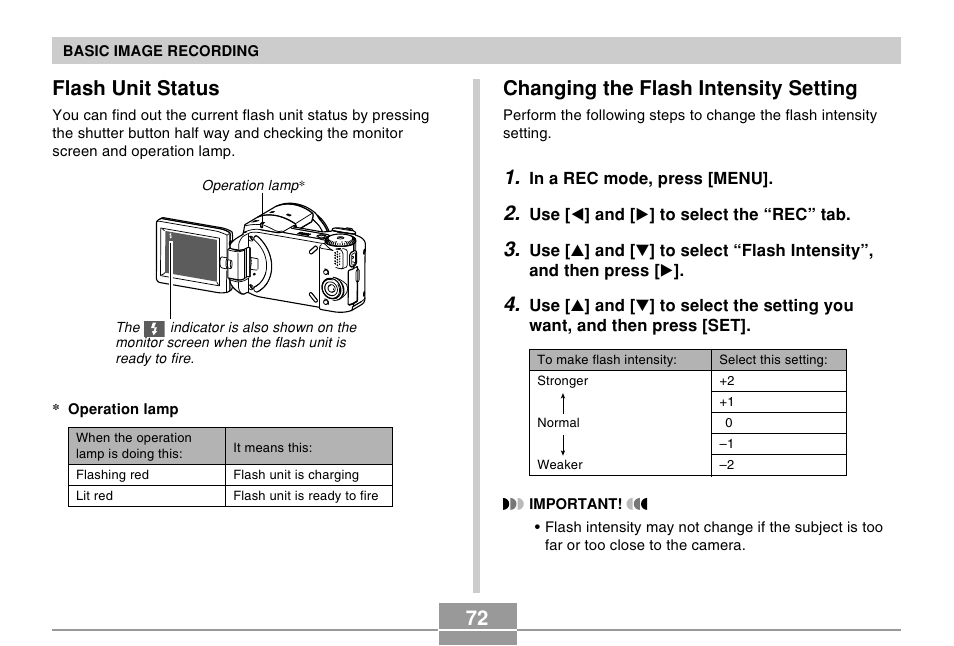 Flash unit status, Changing the flash intensity setting, 72 flash unit status | Casio EX-P505 User Manual | Page 72 / 236