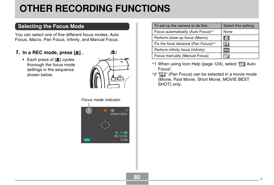 Other recording functions, Selecting the focus mode | Casio EX-P505 User Manual | Page 80 / 236