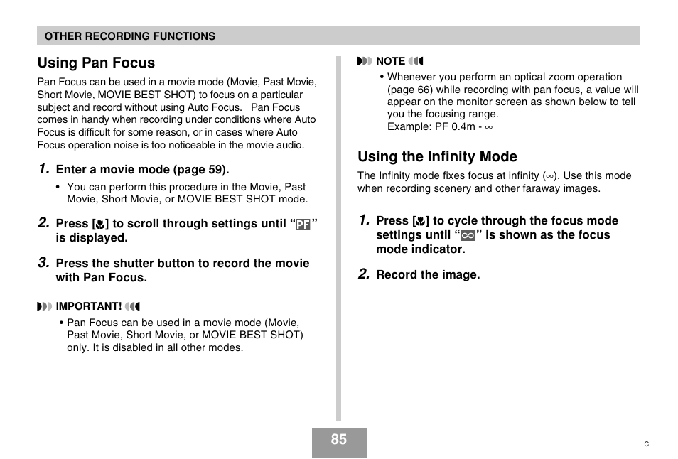 Using pan focus, Using the infinity mode | Casio EX-P505 User Manual | Page 85 / 236