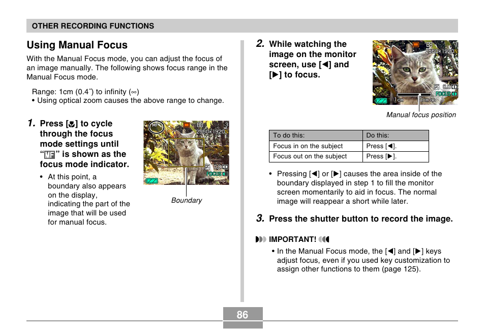 Using manual focus | Casio EX-P505 User Manual | Page 86 / 236