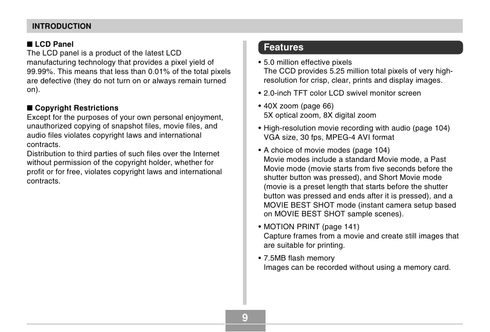 Features | Casio EX-P505 User Manual | Page 9 / 236