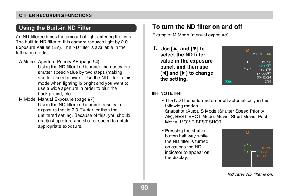 Using the built-in nd filter, To turn the nd filter on and off | Casio EX-P505 User Manual | Page 90 / 236