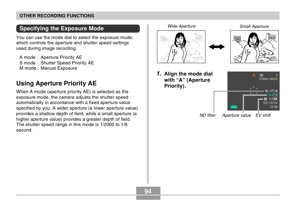 Specifying the exposure mode, Using aperture priority ae | Casio EX-P505 User Manual | Page 94 / 236