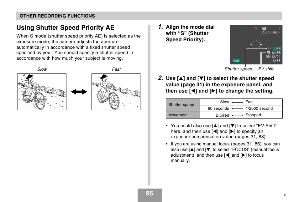 Using shutter speed priority ae | Casio EX-P505 User Manual | Page 96 / 236