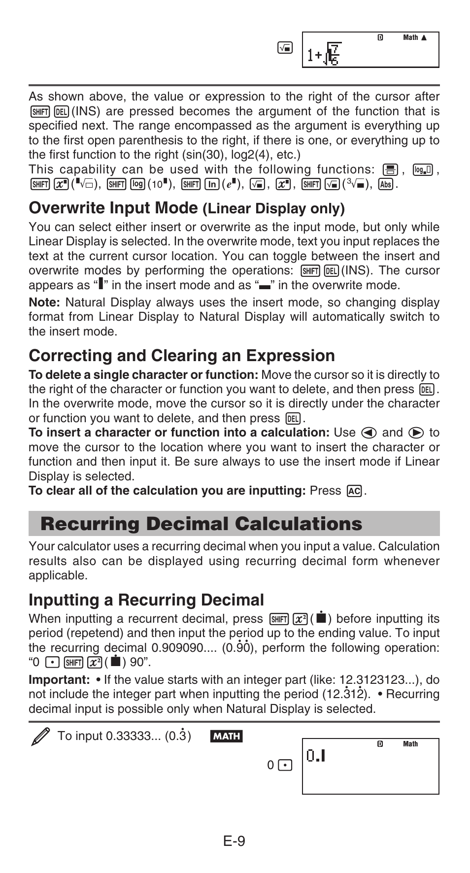 Recurring decimal calculations, Overwrite input mode, Correcting and clearing an expression | Inputting a recurring decimal, Linear display only) | Casio FX-85GT PLUS User Manual | Page 10 / 32