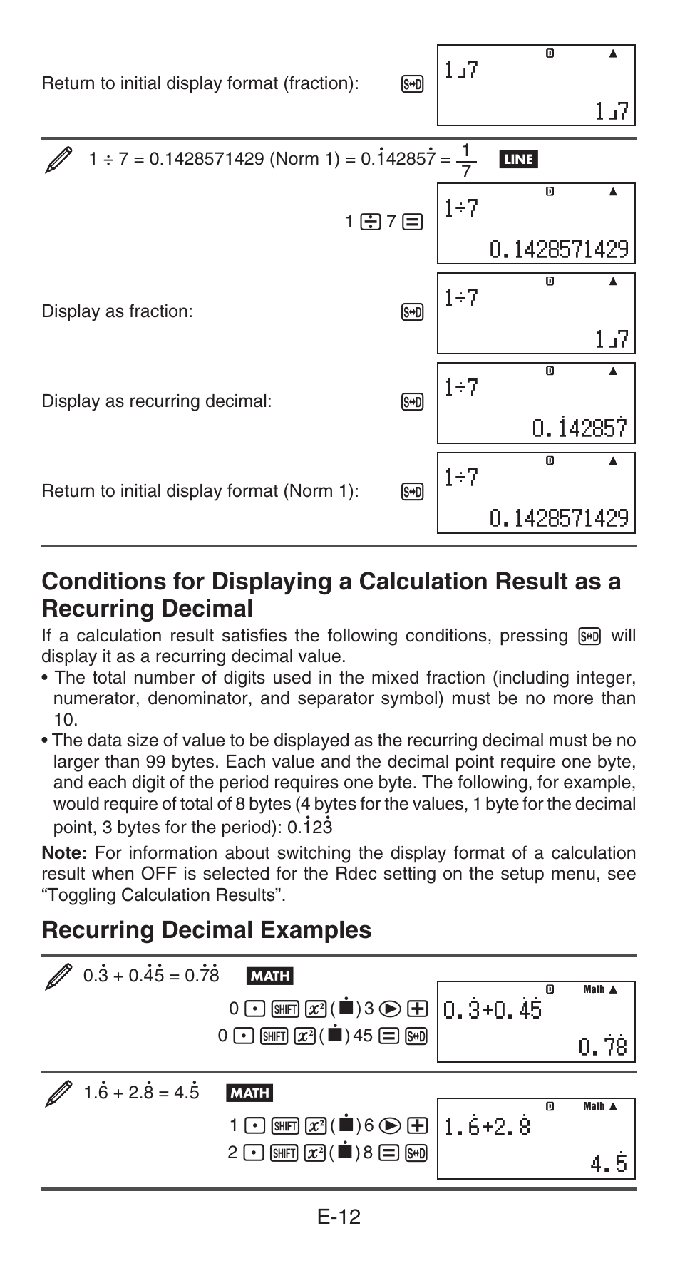 Recurring decimal examples, E-12 | Casio FX-85GT PLUS User Manual | Page 13 / 32