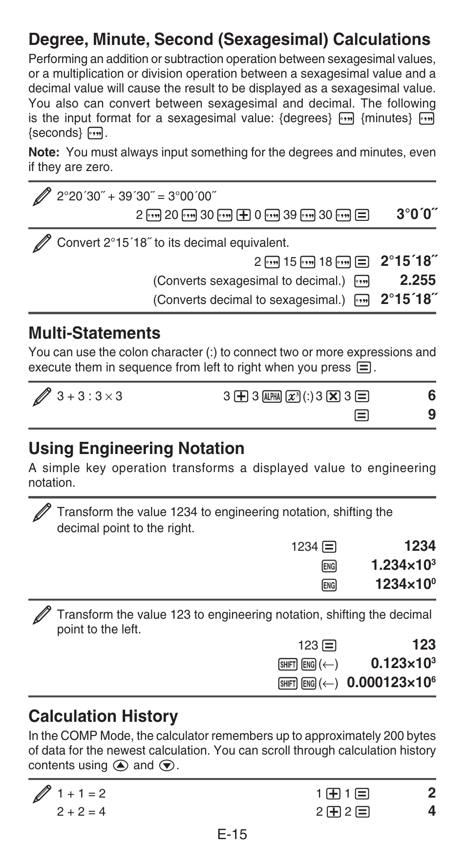 Degree, minute, second (sexagesimal) calculations, Multi-statements, Using engineering notation | Calculation history | Casio FX-85GT PLUS User Manual | Page 16 / 32