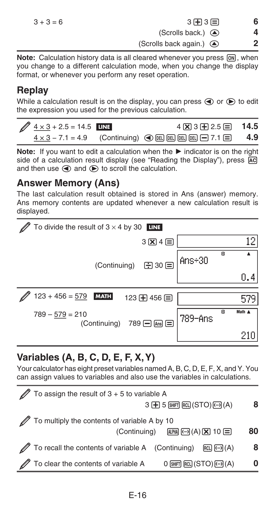 Replay, Variables (a, b, c, d, e, f, x, y), E-16 | Casio FX-85GT PLUS User Manual | Page 17 / 32