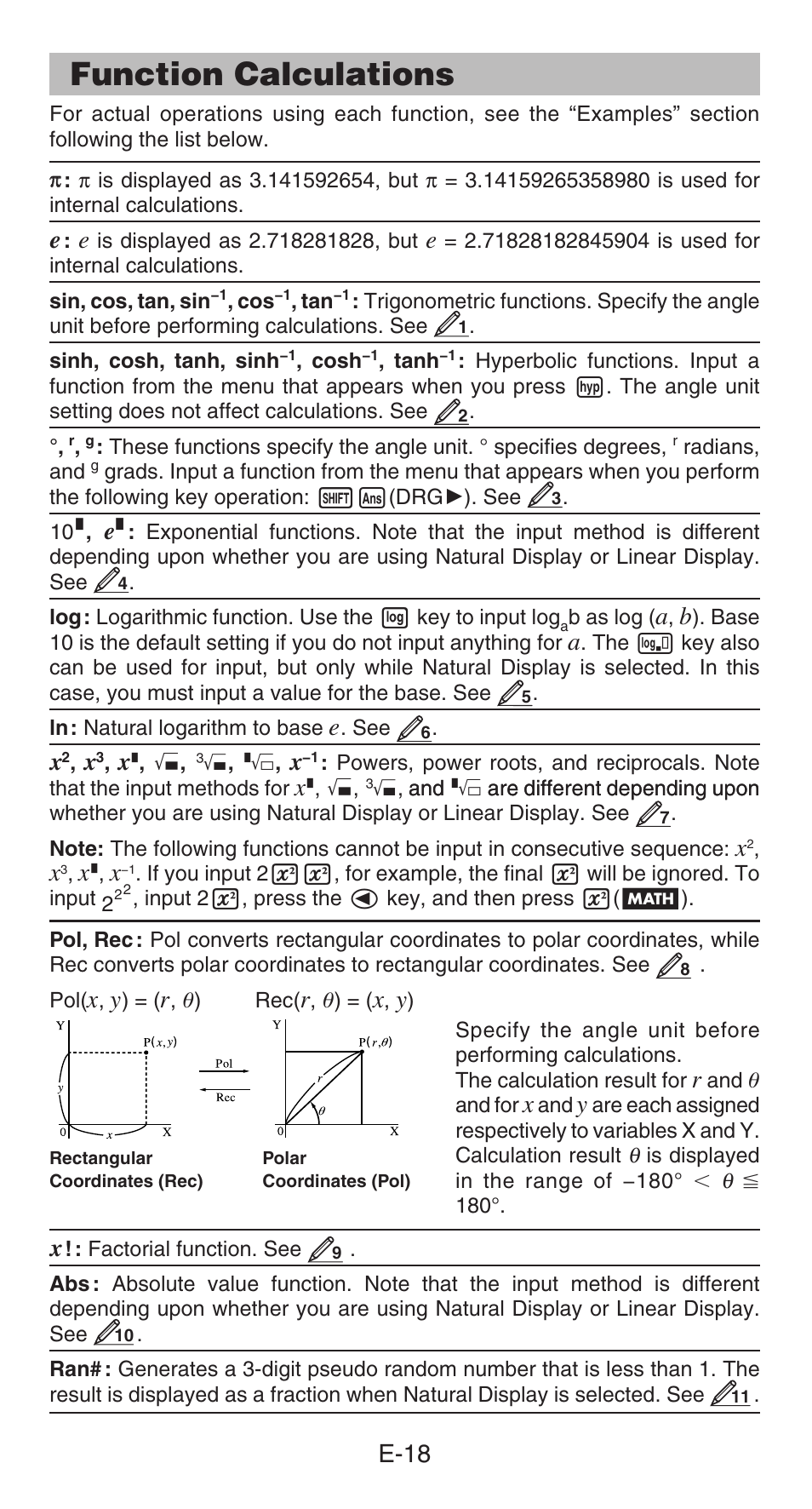 Function calculations, E-18 | Casio FX-85GT PLUS User Manual | Page 19 / 32