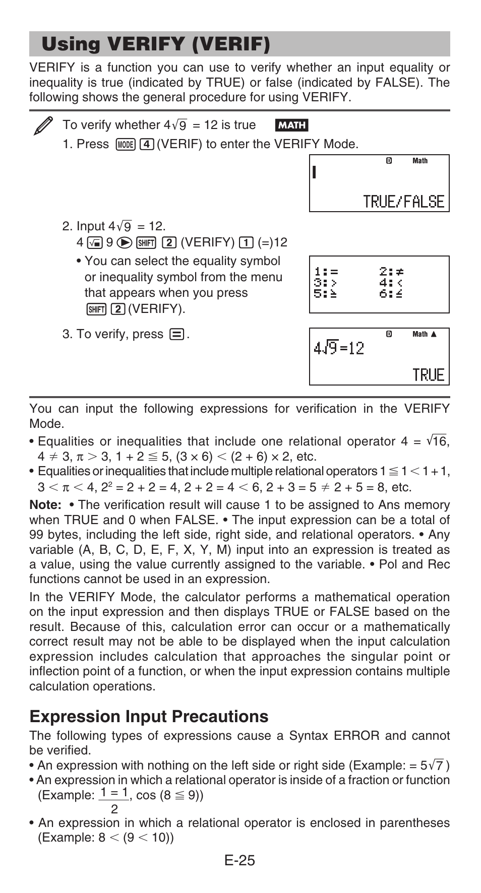 Using verify (verif), Expression input precautions, E-25 | Casio FX-85GT PLUS User Manual | Page 26 / 32