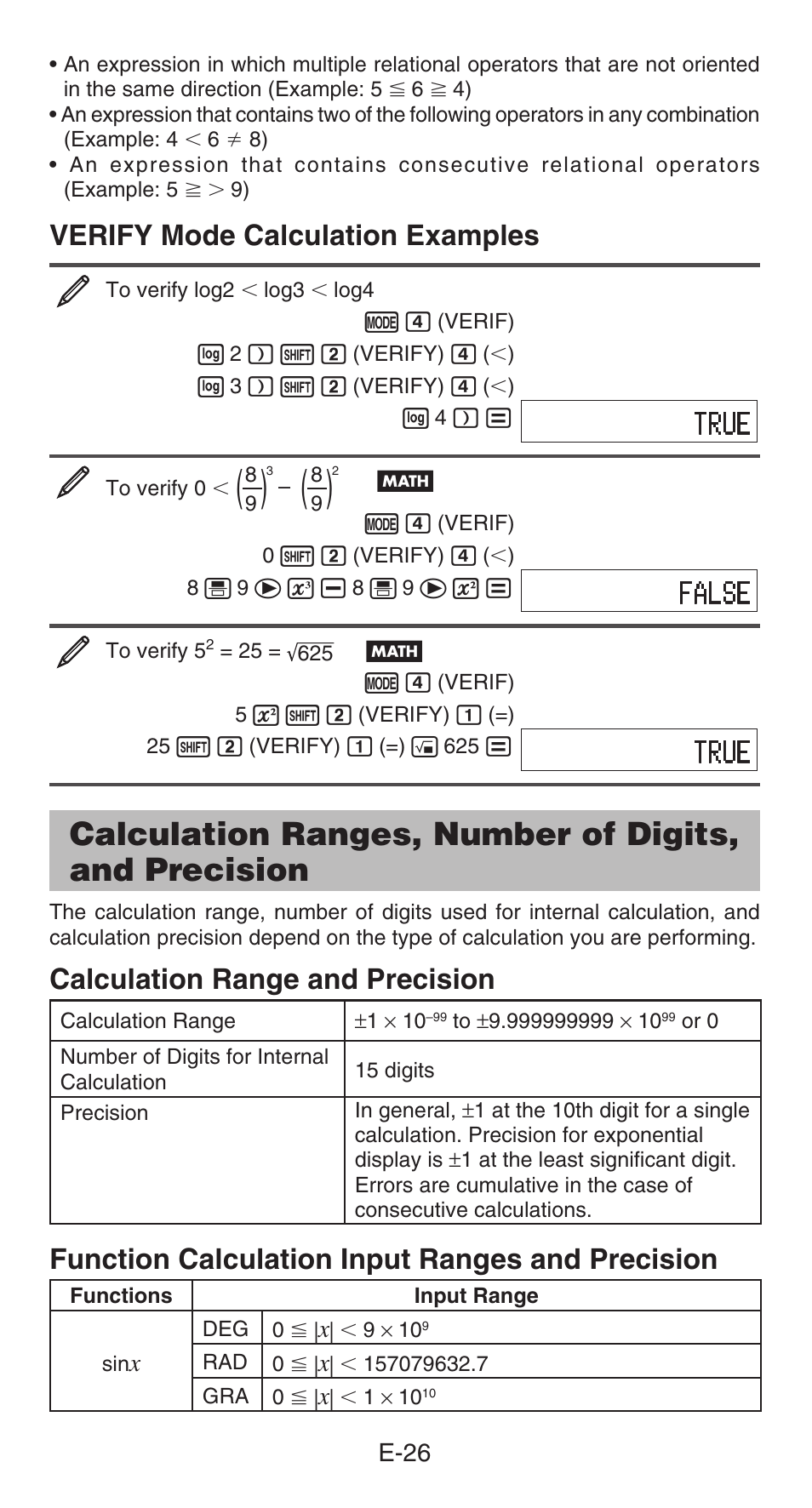 Verify mode calculation examples, Calculation range and precision, Function calculation input ranges and precision | E-26 | Casio FX-85GT PLUS User Manual | Page 27 / 32