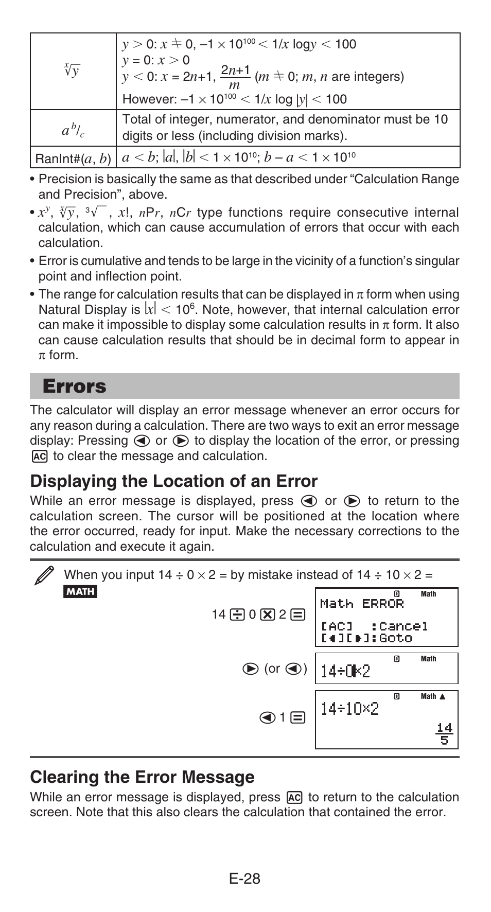 Errors, Displaying the location of an error, Clearing the error message | E-28 | Casio FX-85GT PLUS User Manual | Page 29 / 32