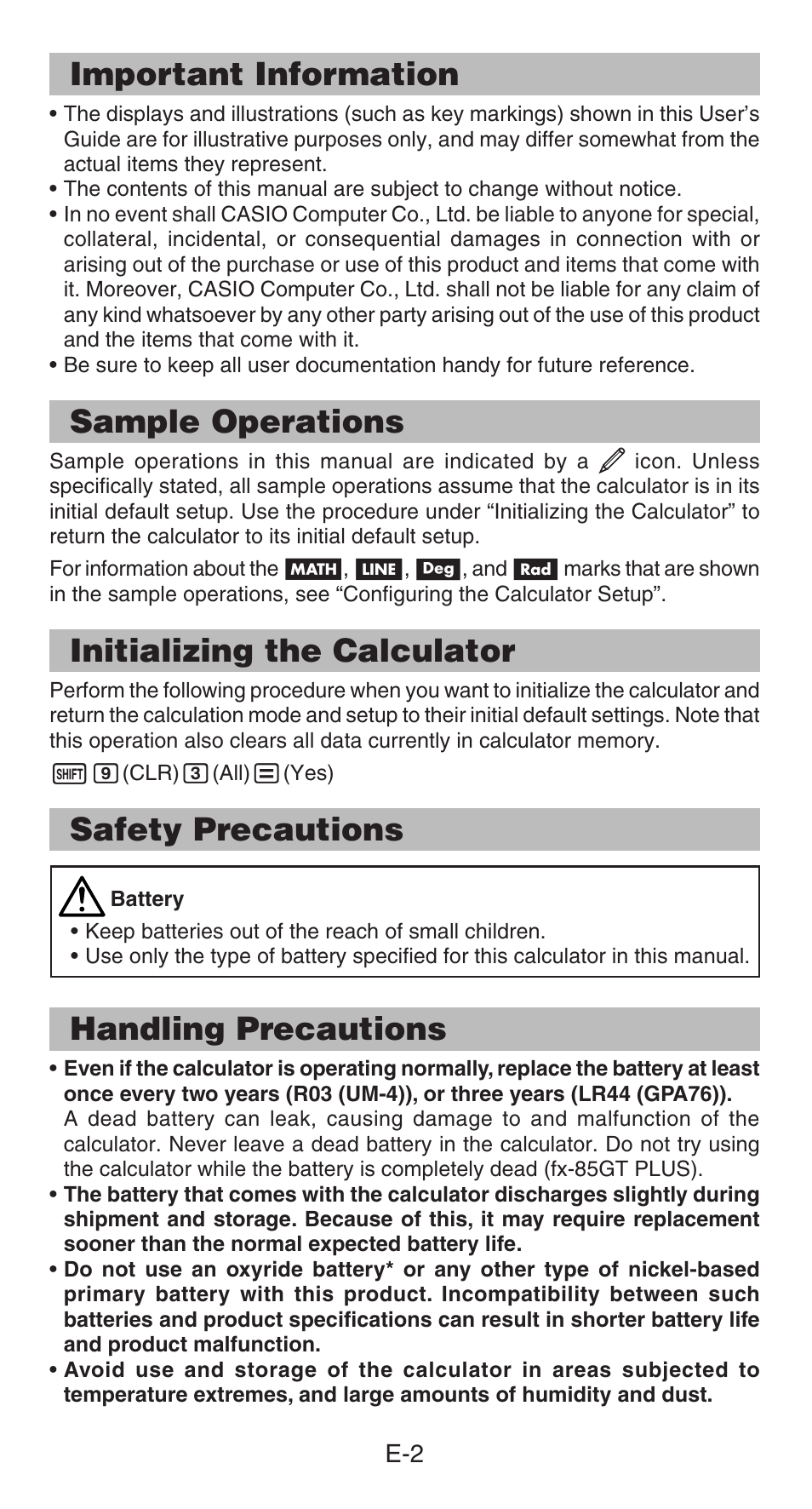 Important information, Sample operations, Initializing the calculator | Safety precautions, Handling precautions | Casio FX-85GT PLUS User Manual | Page 3 / 32