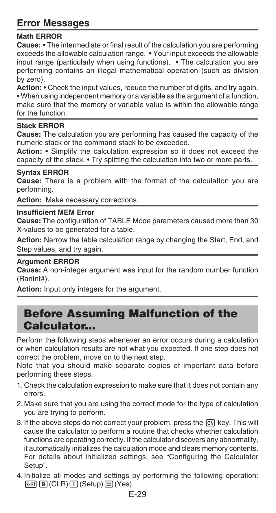 Before assuming malfunction of the calculator, Error messages | Casio FX-85GT PLUS User Manual | Page 30 / 32