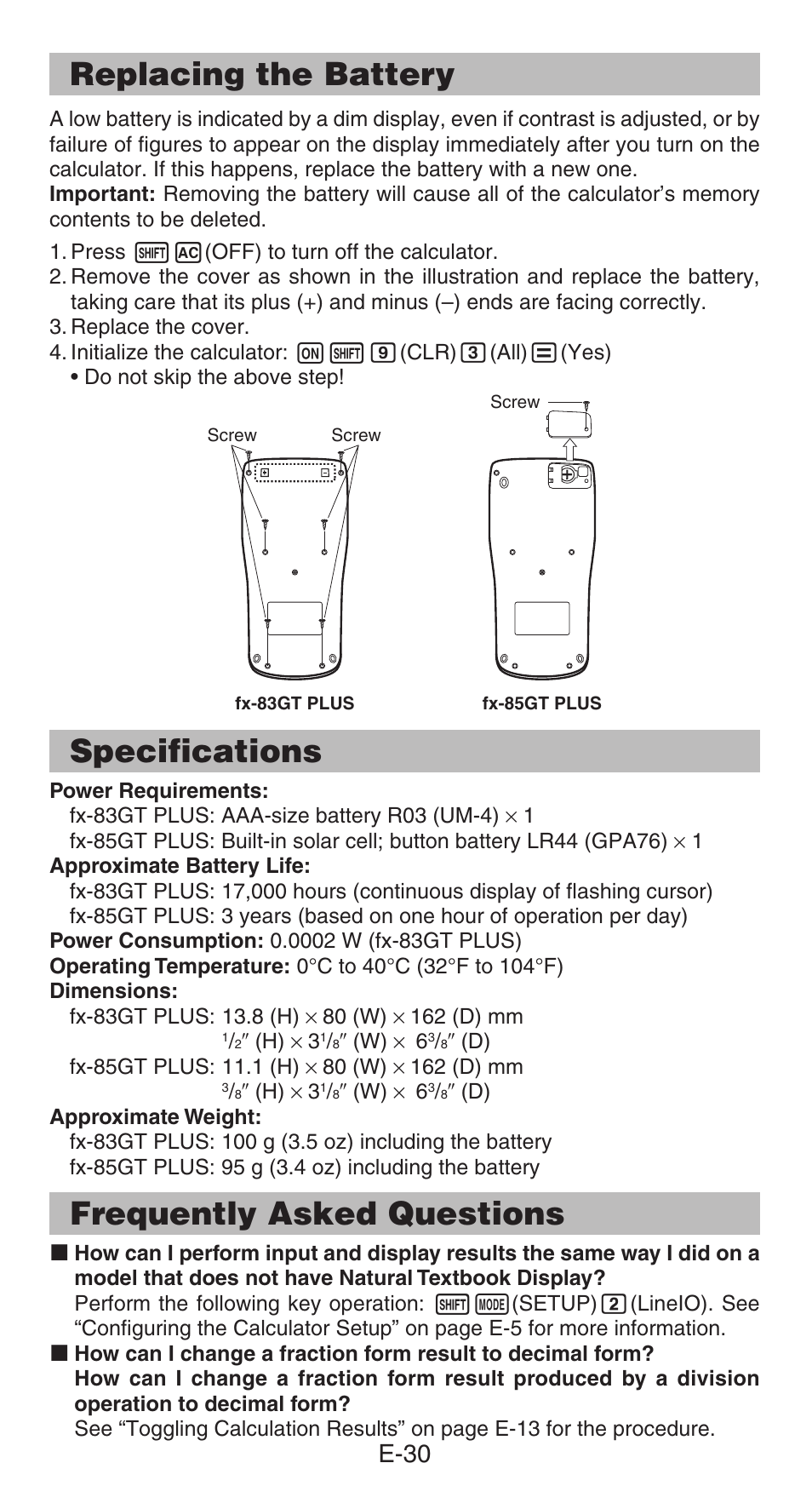 Replacing the battery, Specifications, Frequently asked questions | E-30 | Casio FX-85GT PLUS User Manual | Page 31 / 32