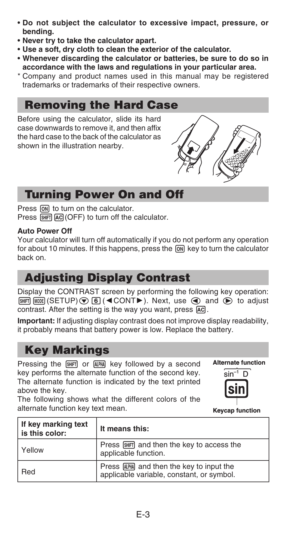 Removing the hard case, Turning power on and off, Adjusting display contrast | Key markings | Casio FX-85GT PLUS User Manual | Page 4 / 32