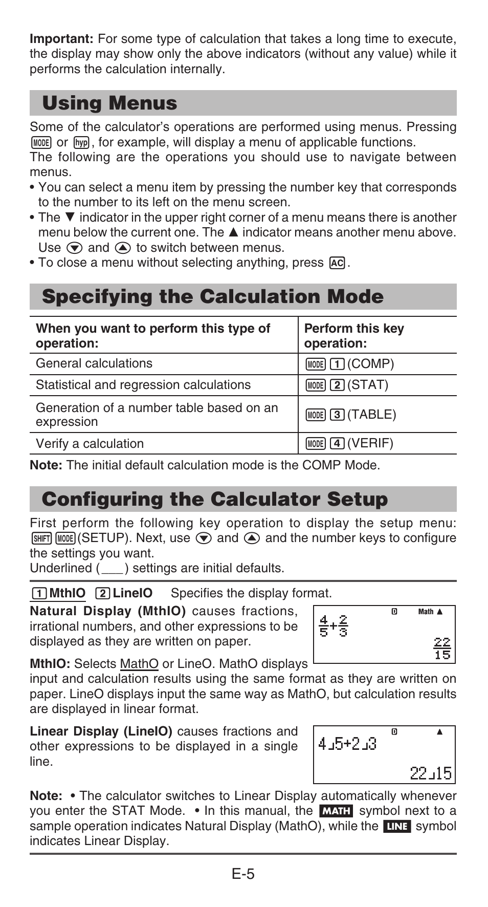 Using menus, Specifying the calculation mode, Configuring the calculator setup | Casio FX-85GT PLUS User Manual | Page 6 / 32