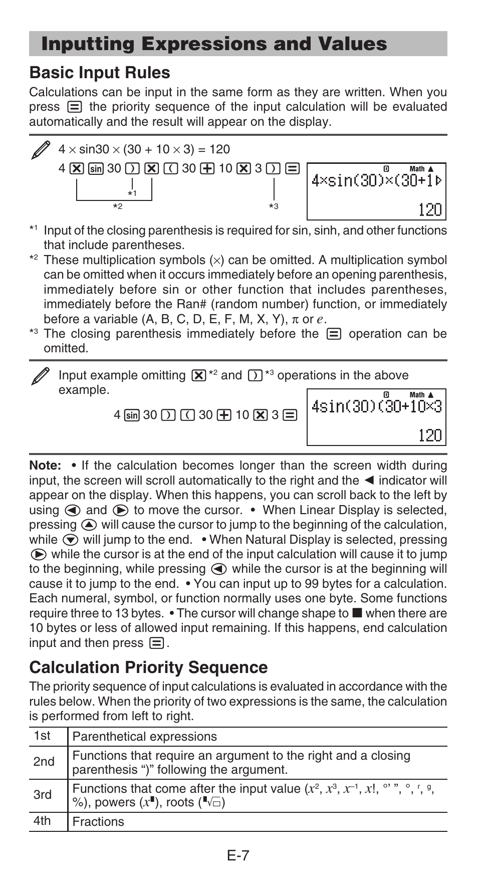 Inputting expressions and values, Basic input rules, Calculation priority sequence | Casio FX-85GT PLUS User Manual | Page 8 / 32