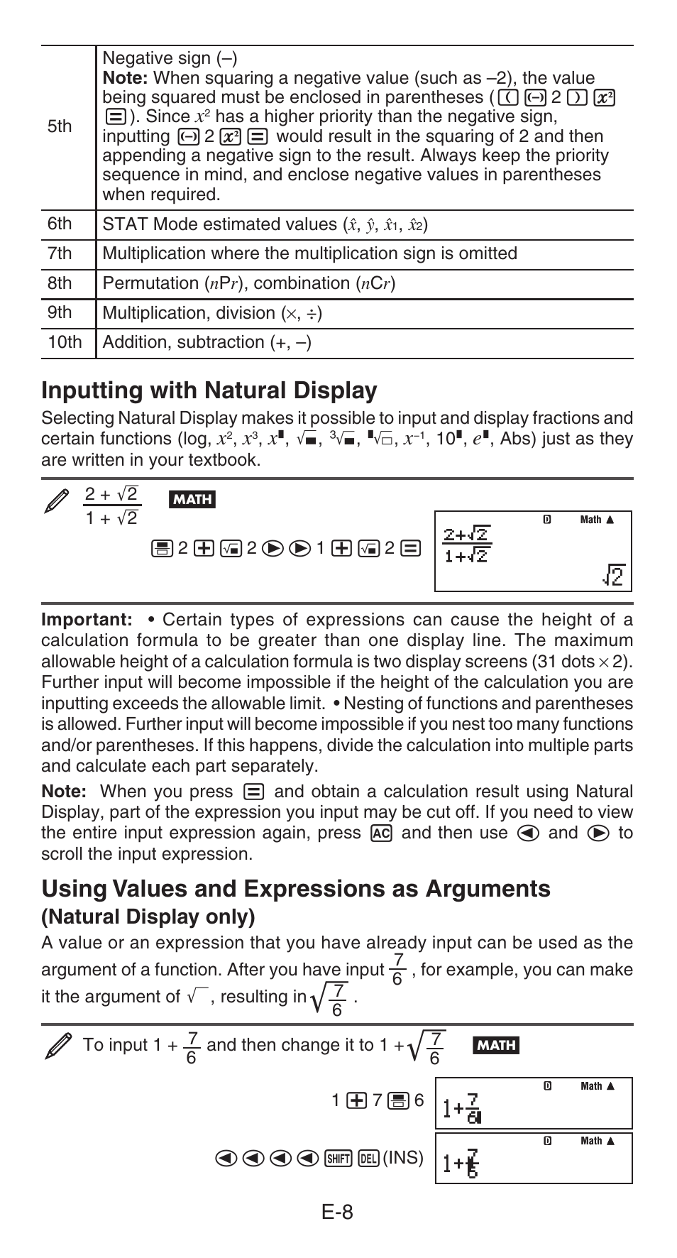 Inputting with natural display, Using values and expressions as arguments, Natural display only) | Casio FX-85GT PLUS User Manual | Page 9 / 32