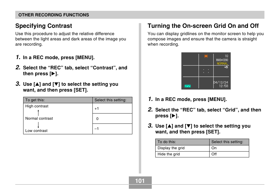 Specifying contrast, Turning the on-screen grid on and off | Casio EX-S100 User Manual | Page 101 / 207