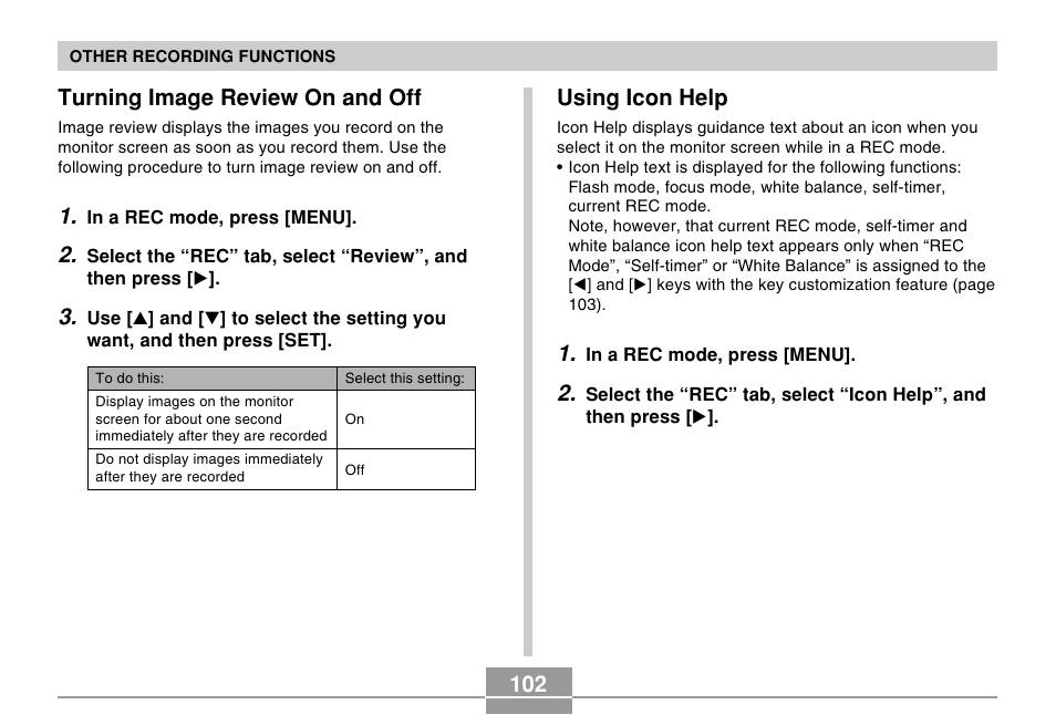 Turning image review on and off, Using icon help | Casio EX-S100 User Manual | Page 102 / 207