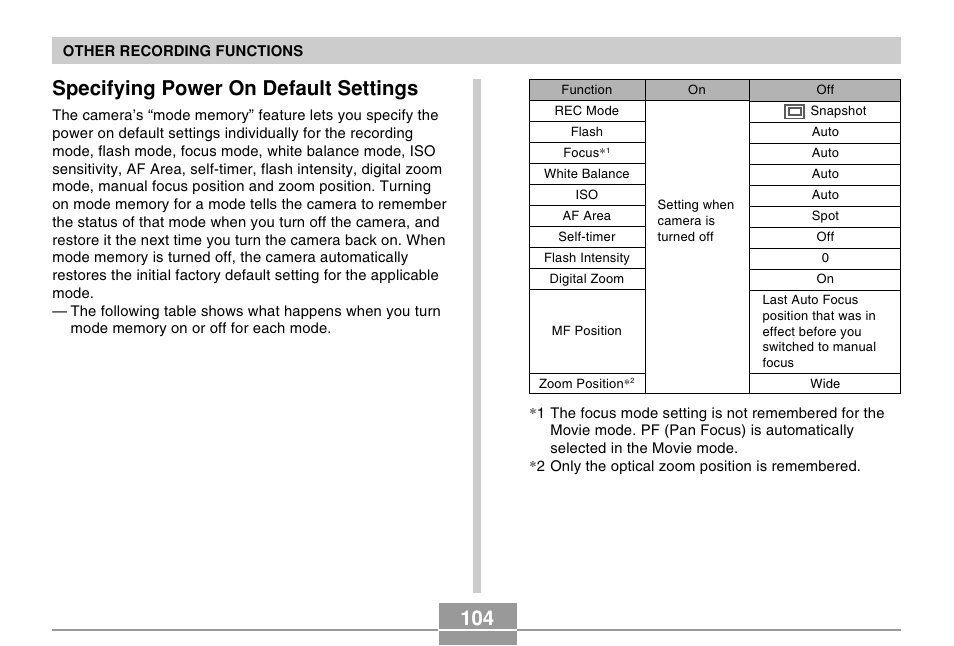 Specifying power on default settings | Casio EX-S100 User Manual | Page 104 / 207