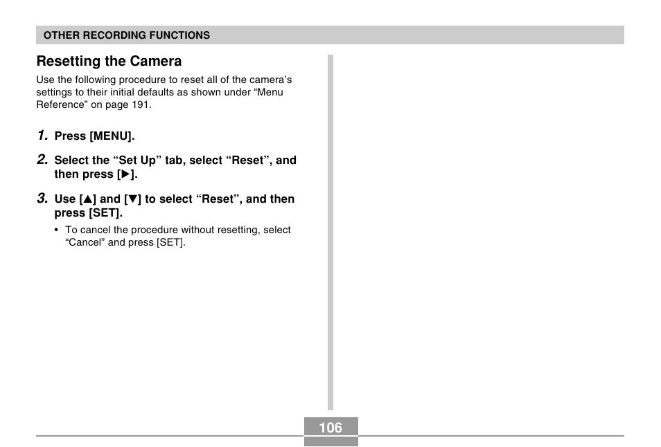 Resetting the camera | Casio EX-S100 User Manual | Page 106 / 207