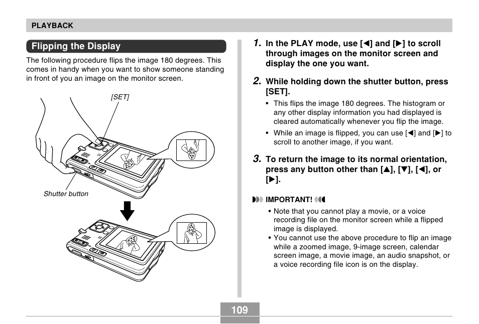 Flipping the display | Casio EX-S100 User Manual | Page 109 / 207