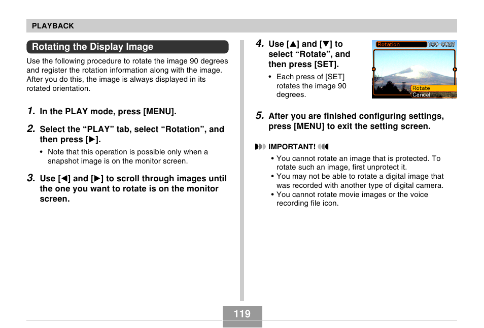 Rotating the display image | Casio EX-S100 User Manual | Page 119 / 207