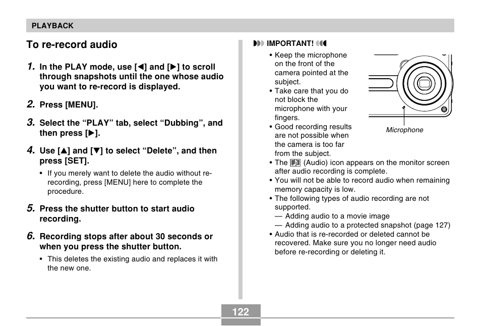 To re-record audio | Casio EX-S100 User Manual | Page 122 / 207
