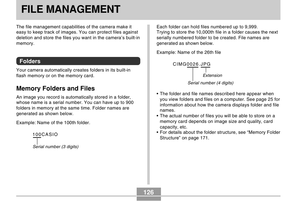 File management, Folders, Memory folders and files | Casio EX-S100 User Manual | Page 126 / 207