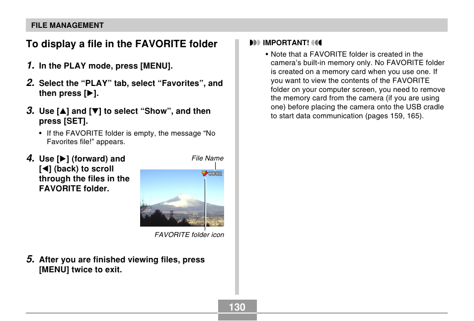 To display a file in the favorite folder, 130 to display a file in the favorite folder 1 | Casio EX-S100 User Manual | Page 130 / 207