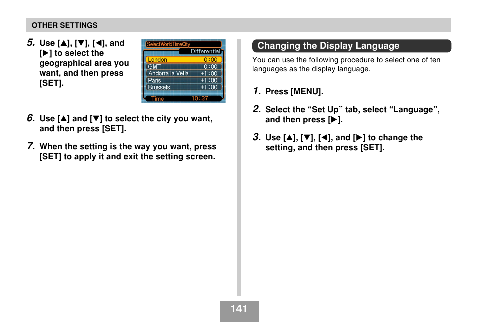 Changing the display language | Casio EX-S100 User Manual | Page 141 / 207
