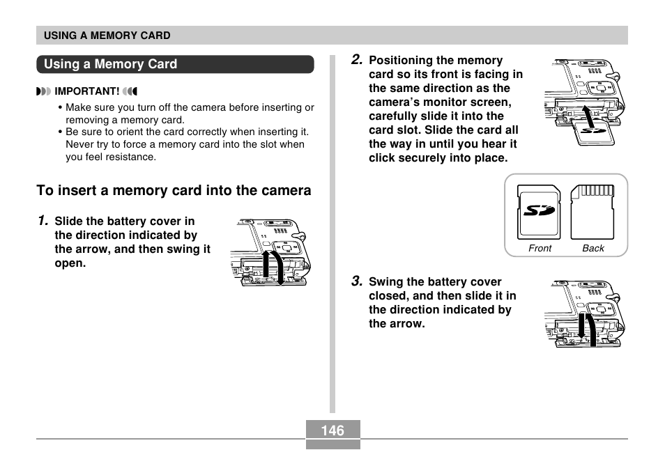 Using a memory card, To insert a memory card into the camera | Casio EX-S100 User Manual | Page 146 / 207