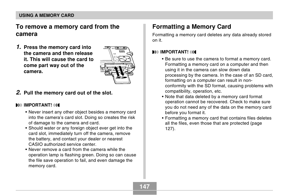 To remove a memory card from the camera, Formatting a memory card | Casio EX-S100 User Manual | Page 147 / 207