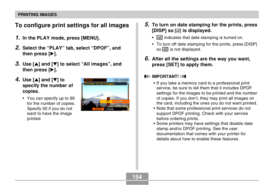 To configure print settings for all images, 154 to configure print settings for all images 1 | Casio EX-S100 User Manual | Page 154 / 207