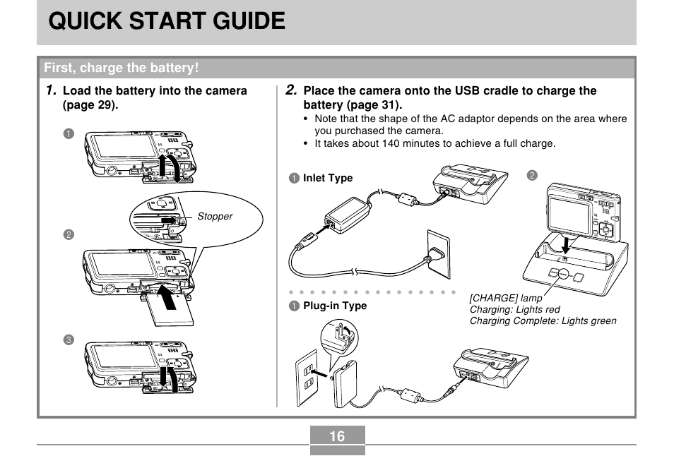 Quick start guide, First, charge the battery, Load the battery into the camera (page 29) | Casio EX-S100 User Manual | Page 16 / 207